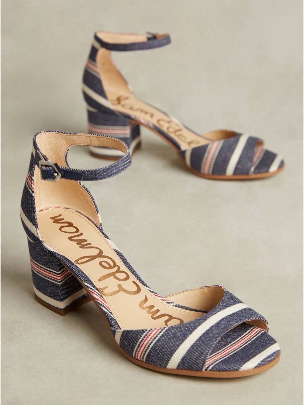 Anthropologie Sam Edelman Susie Striped Ankle-Strap Block Heels Blue White Red 9